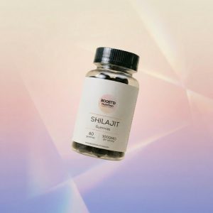 BOOSTD Nutrition Shilajit gummies bottle 60 count 1000mg floating on gradient background