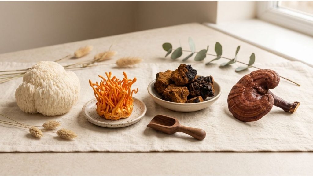 Lion’s Mane Cordyceps Chaga and Reishi mushrooms for BOOSTD Nutrition functional mushroom guide