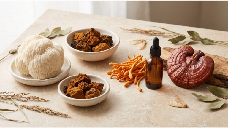 Assorted medicinal mushrooms (reishi, lion’s mane, cordyceps) with a dropper bottle of extract on a light surface.